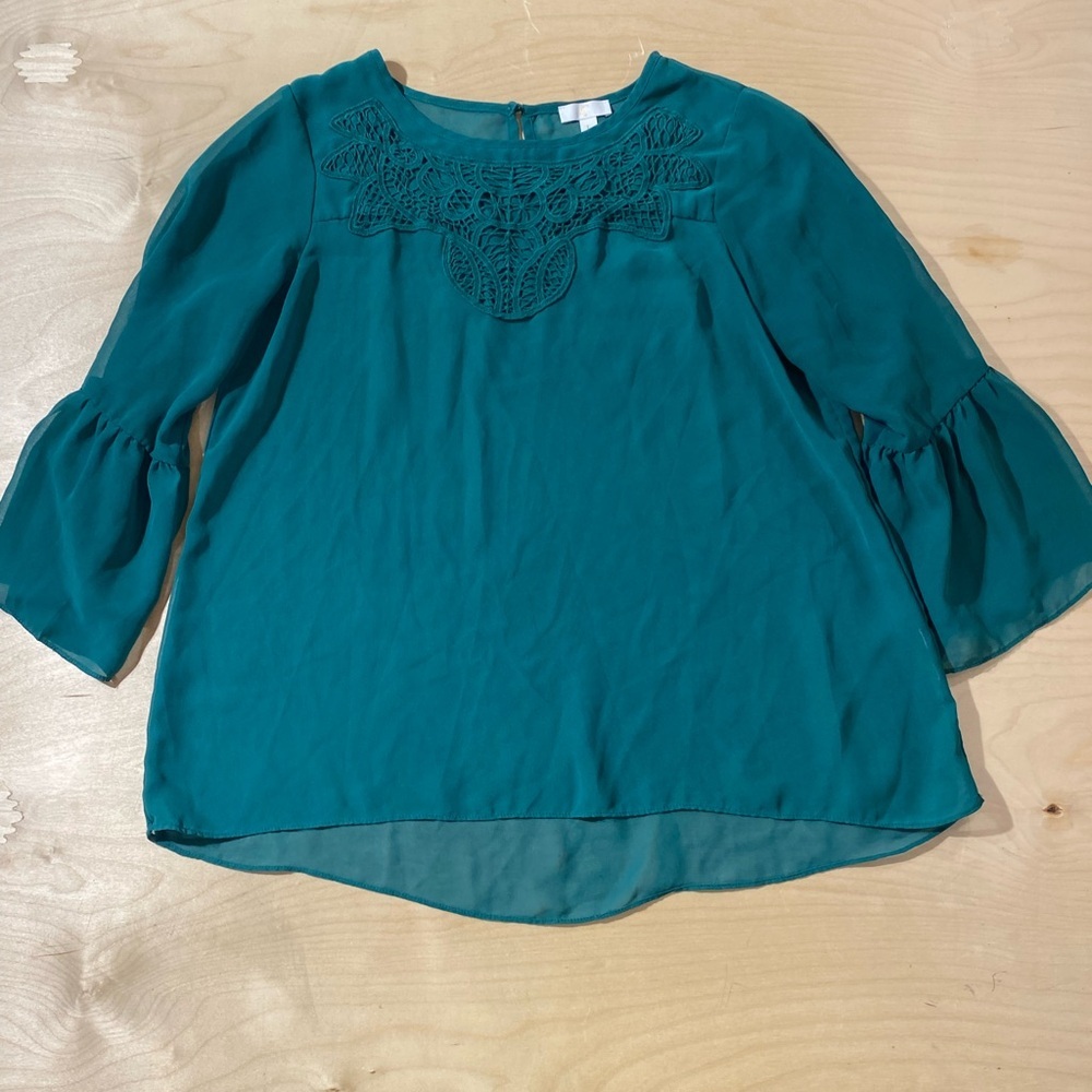 C Teal Blouse with Lace Accent Large (OA) - Picture 4 of 8